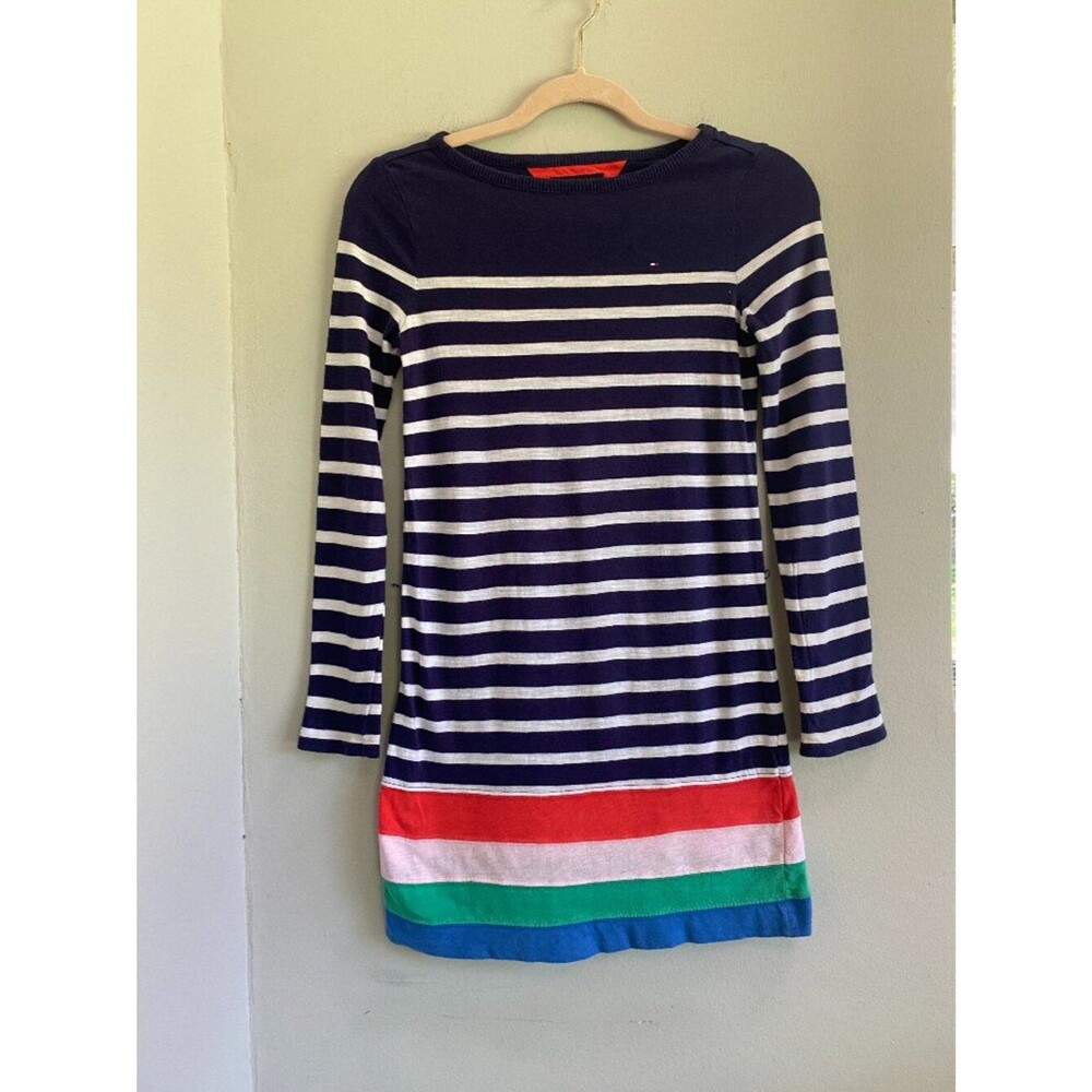 Tommy Hilfiger Navy White striped dress kids dress 10 With Colorful Hem